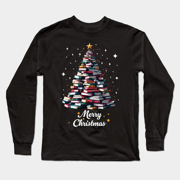 Merry Christmas Library Cute Book Tree Book Lover Librarian Long Sleeve T-Shirt by Schoenberger Willard